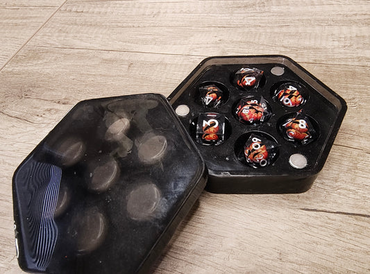 Black Epoxy Resin Dice Case and Dragon Eye Core Dice