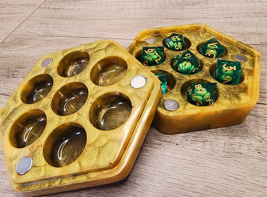 Gold Epoxy Resin Dice Case and Dragon Eye Core Dice